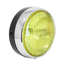 PHARE/PROJECTEUR CYCLO UNIVERSEL ROND NOIR ENTOURAGE CHROME VITRE JAUNE DIAM 140 mm (AMPOULE BA20D)  -SELECTION P2R-