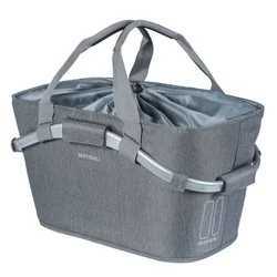 PANIER ARRIERE TOILE BASIL 2DAY 22L GRIS CLAIR AVEC ANSE FIXATION CLIP AUTOMATIQUE SUR PORTE BAGAGE SYSTEME MIK (COMPATIBLE AVEC 157030 INCLUS) - (SI PAS FOURNI SUR LE VELO, Ajouter 155681)