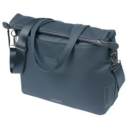 SACOCHE ARRIERE VELO LATERALE SAC ORDINATEUR PORTABLE BASIL MANHATTAN WATERPROOF BLEU DROIT/GAUCHE 12L FIXATION HOOK ON (12x38x30cm) FERMETURE PLIANT ANTI-PLUIE