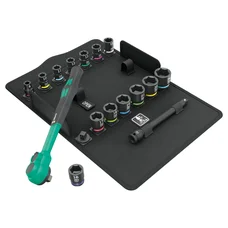 CLIQUET WERA  8100 SB ZYKLOP COMFORT 3/8 METRIQUE AVEC DOUILLES ET RALLONGE NOIR/VERT (SET 16 PIECES)  -MARQUE ALLEMANDE POUR LES ATELIERS-