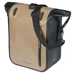 SACOCHE ARRIERE VELO LATERALE BASIL RIVO WATERPROOF 12-15L SABLE / NOIR FIXATION MIK HOOKS SUR PORTE BAGAGE (38x14x25cm) AVEC POIGNEE ET BANDOUILLERE FERMETURE ENROULEMENT