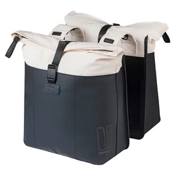 SACOCHE ARRIERE VELO DOUBLE BASIL VIVE BLANC CASSE / NOIR 28-35L FIXATION PORTE BAGAGE FIXATION SYSTEME MIK (COMPATIBLE AVEC 211726 INCLUS) (30x18x49cm) FERMETURE PLIANT ANTI-PLUIE