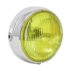 PHARE/PROJECTEUR CYCLO AVANT CHROME AVEC INTERRUPTEUR DIAM 140mm VITRE JAUNE (BA20D UNIVERSEL)  -SELECTION P2R-