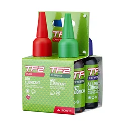 PACK LUBRIFIANT VELO WELDTITE TF2 POUR CHAINE (4 BURETTES DE 50ml) - 1 POUR CONDITIONS SECHES- 1 POUR CONDITIONS HUMIDES - 1 POUR TOUTES CONDITIONS - 1 POUR ULTRA SEC