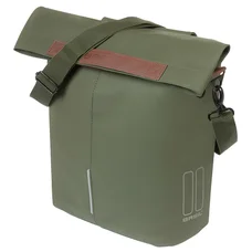 SACOCHE ARRIERE VELO LATERALE SAC BANDOULIERE BASIL CITY SHOPPER VEGAN VERT IMITATION CUIR DROIT/GAUCHE 14-16L FIXATION MIK HOOK PORTE BAGAGE FERMETURE PLIANT ANTI-PLUIE AVEC REFLECHISSANT