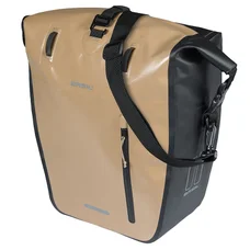 SACOCHE ARRIERE VELO LATERALE BASIL RIVO WATERPROOF 25-31L SABLE / NOIR FIXATION MIK HOOKS SUR PORTE BAGAGE (43x14x28cm) AVEC POIGNEE ET BANDOUILLERE FERMETURE ENROULEMENT