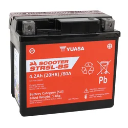 BATTERIE 12V 4 Ah STR5L-BS YUASA SCOOTER SANS ENTRETIEN LIVREE AVEC PACK ACIDE (Lg113xL70xH85mm) (EQUIVALENT YTX5L-BS  - CCA 80)