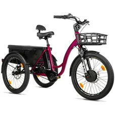 TRICYCLE ELECTRIQUE/VAE CITY LEADER FOX 24" CURTIS X 2025 MIXTE BORDEAUX 8V SHIMANO NEXUS MOTEUR ROUE AV BAFANG 36V 45Nm BATTERIE 16,7Ah (LARGEUR HORS TOUT 75cm, DEBATTEMENT 50mm) -HOUSSE ANTI PLUIE