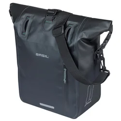 SACOCHE ARRIERE VELO LATERALE BASIL RIVO WATERPROOF 12-15L NOIR FIXATION MIK HOOKS SUR PORTE BAGAGE (38x14x25cm) AVEC POIGNEE ET BANDOUILLERE FERMETURE ENROULEMENT