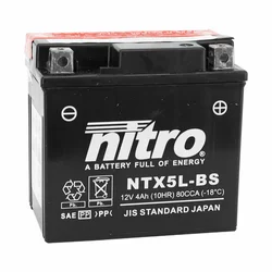 BATTERY 12V  4 Ah NTX5L-BS NITRO MF MAINTENANCE FREE-SUPPLIED WITH ACID PACK (Lg114xWd70xH105) (EQUALS YTX5L-BS)