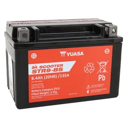 BATTERIE 12V 8 Ah STR9-BS YUASA SCOOTER MF SANS ENTRETIEN LIVREE AVEC PACK ACIDE (Lg150xL87xH105mm) (EQUIVALENT YTX9-BS - CCA 135)