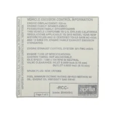AUTOCOLLANT/STICKER/DECOR DE CONTROL DES EMISSIONS ORIGINE PIAGGIO APRILIA NA MANA 850 2009>2016  -B045454-