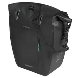 SACOCHE ARRIERE VELO LATERALE BASIL RIVO WATERPROOF 25-31L SABLE / NOIR FIXATION MIK HOOKS SUR PORTE BAGAGE (38x14x25cm) AVEC POIGNEE ET BANDOUILLERE FERMETURE ENROULEMENT