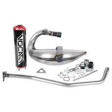 POT 50 A BOITE VOCA CROSS BESTIA POUR POUR DERBI 50 SENDA, SENDA DRD/APRILIA 50 RX, SX (PASSAGE HAUT - SILENCIEUX ALU NOIR EMBOUT ANODISE ROUGE)